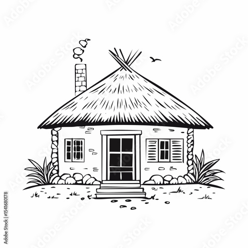 Rustic Mud House with Thatched Roof Vector Illustration  on white background.