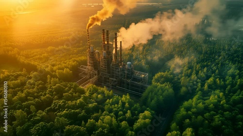 An aerial view captures a towering factory emitting smoke into a lush green forest at sunset, illustrating industrial pollution