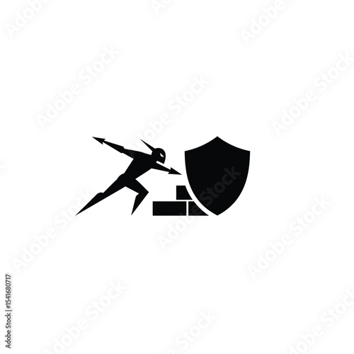 Black Silhouette Vector Warrior Attacking Shield Brick Wall