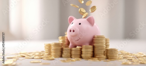 The charming piggy bank surrounded by piles of coins representing savings and growth. photo