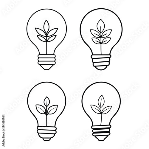 Four Line Art Light Bulbs with Plants Inside leaves