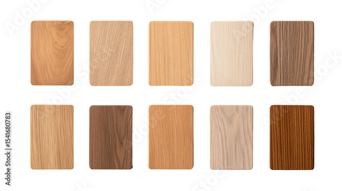 Variety of wood textures displayed on isolated background for design and decor purposes.