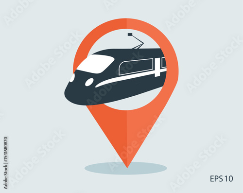 Map pointer with train inside. Vector illustration.