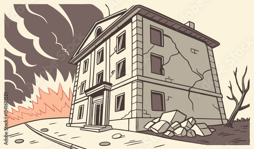 Illustration of collapsed building due to earthquake, natural disaster, explosion, fire  