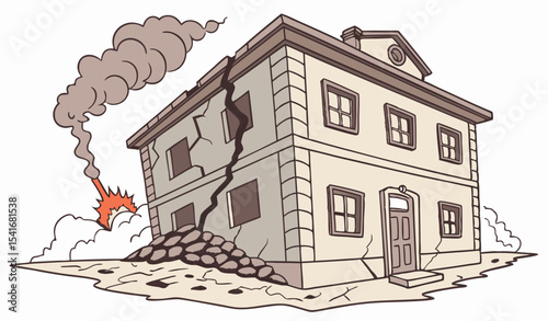 Illustration of collapsed building due to earthquake, natural disaster, explosion, fire  