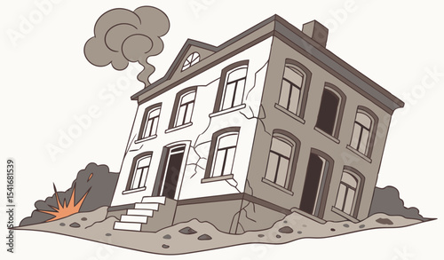 Illustration of collapsed building due to earthquake, natural disaster, explosion, fire  