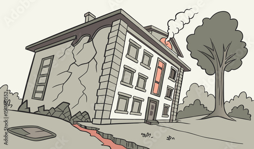Illustration of collapsed building due to earthquake, natural disaster, explosion, fire  