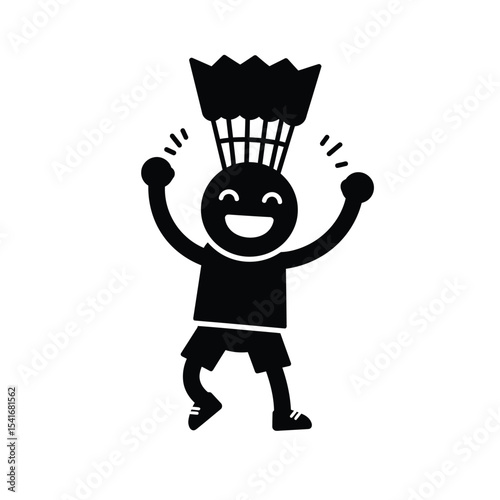 Black Silhouette Badminton Shuttlecock Emoji Character Cheerful Icon Vector