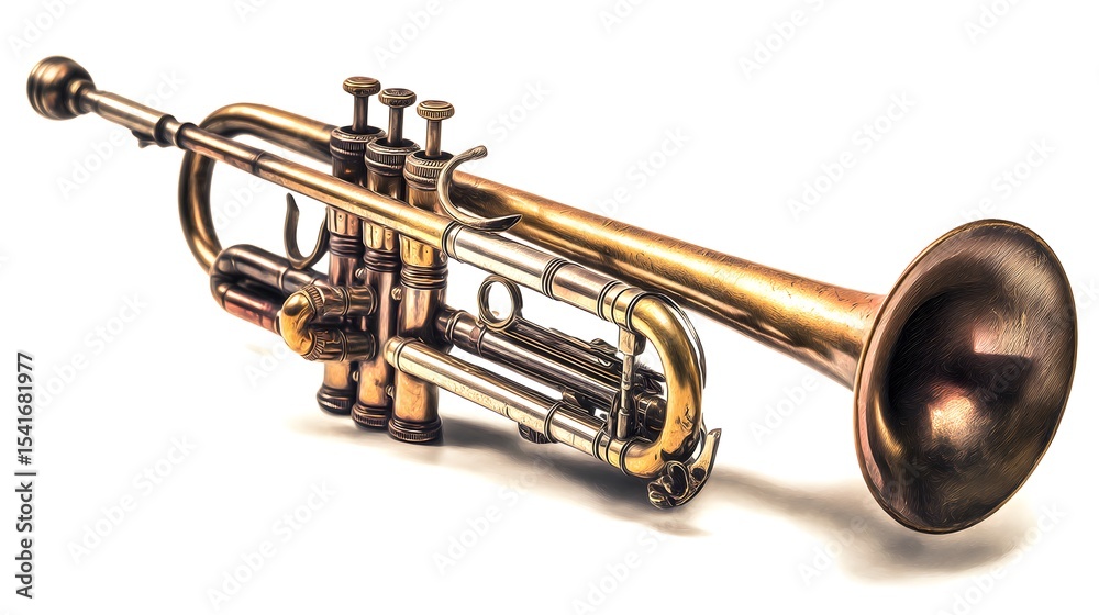 Obraz premium A vintage brass trumpet instrument isolated on a white background.