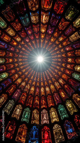 Majestic cathedral stained glass window with circular design and bright sun flare effect