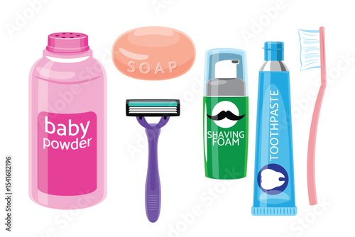 Set of Personal Hygiene and Grooming Products. Toothbrush, Soap, Razor, Baby Powder