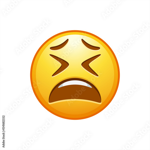 Weary emoji face. Distraught, Wailing emoticon face with closed eyes and furrowed brows, vector 10 eps.