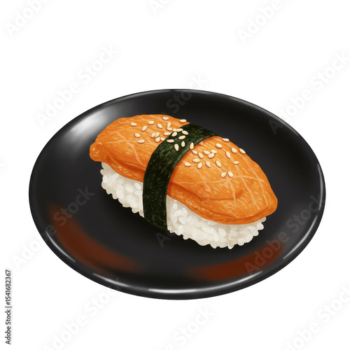 Sesame-topped salmon sushi on black plate
