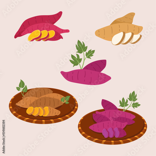 Flat sweet potato collection illustration
