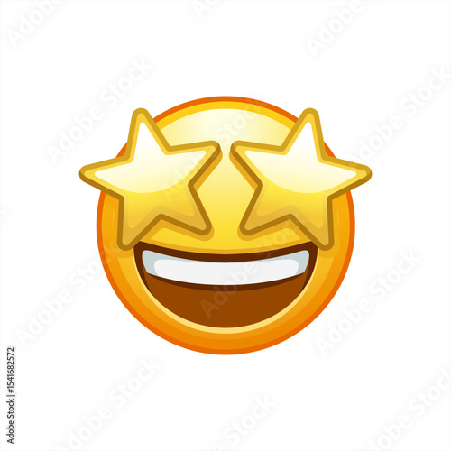 Starry eyed emoji. Golden stars for eyes excited emoticon with open smile. Vector illustration.