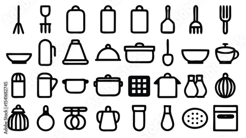 Chef's kitchen utensil set icons for cooking food and drink