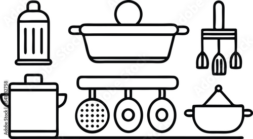 Cooking utensil icons and kitchen tools silhouette set with pot, pan, spoon, and fork designs for restaurant and food illustration