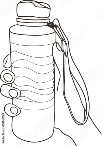 Minimalist line drawing of a hand holding a reusable water bottle with a strap, perfect for eco-friendly lifestyle, hydration awareness, fitness, travel accessories, and healthy living illustrations.