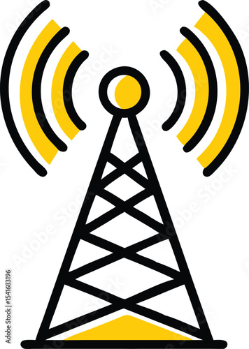 Wireless communication network symbol featuring a Wi-Fi icon, radio tower, and antenna signal illustration