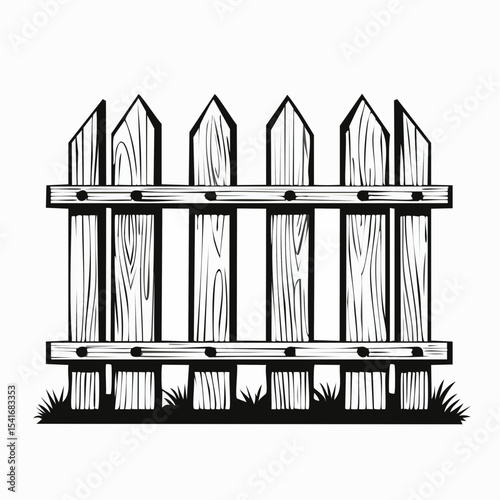 Black and white Rustic Wooden Fence Image vector Isolated on White Background
