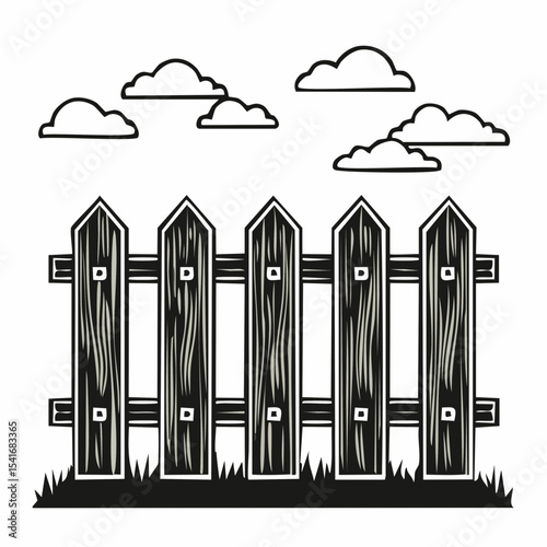 Black and white Rustic Wooden Fence Image vector Isolated on White Background