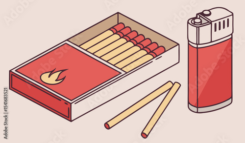 Illustration of pack of cigarettes, matches and lighter in color on light pink background           