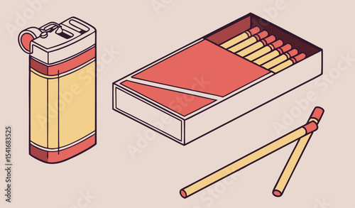 Illustration of pack of cigarettes, matches and lighter in color on light pink background           