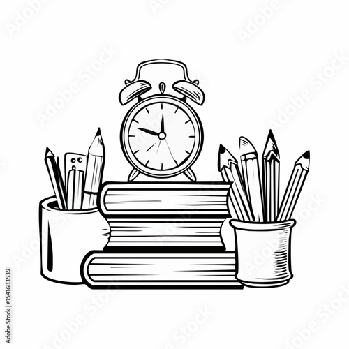 School Books Pencils Alarm Clock Image Vector Isolated on white background.