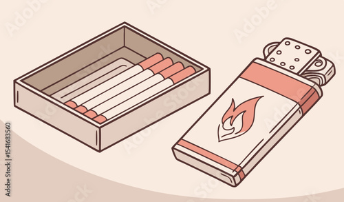 Illustration of pack of cigarettes, matches and lighter in color on light pink background           