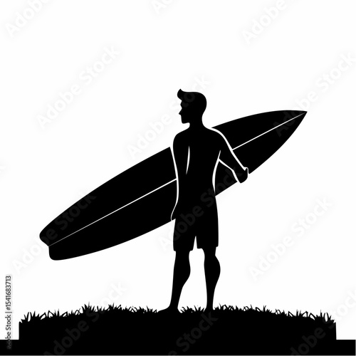 Man Holding a Surfboard Silhouette Vector Illustration on white background.