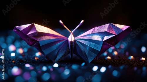 Geometric butterfly origami, dark background, vibrant lights, design concept