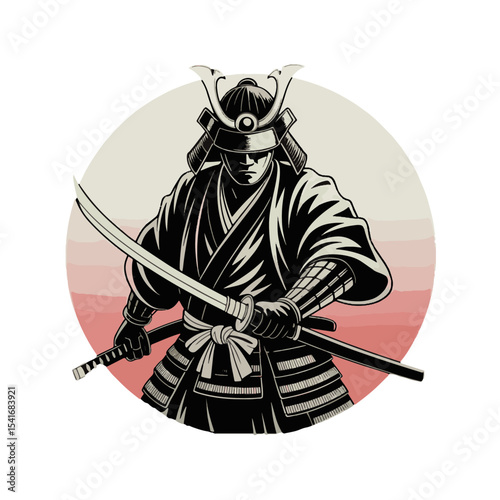 Traditional samurai warrior stands poised with katana against a gradient background
