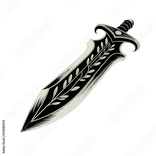 Ornate sword with intricate leaf design displayed on a dark background, showcasing craftsmanship and historical significance