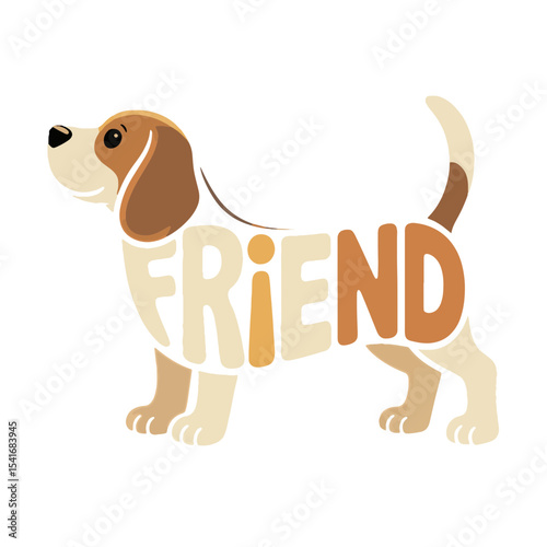 Beagle with the word friend creatively styled in colorful letters on a black background
