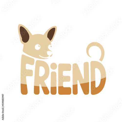 Charming illustration of a happy dog design with the word friend in playful typography