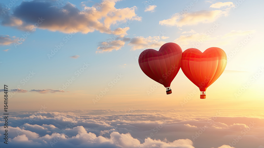 Fototapeta premium Heart shaped hot air balloons float above fluffy clouds during beautiful sunset, creating romantic and dreamy atmosphere