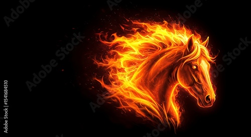 Burning horse head on black. Fiery animal symbol for horoscope 2026. Mystical art for new year and chinese lunar new year celebration