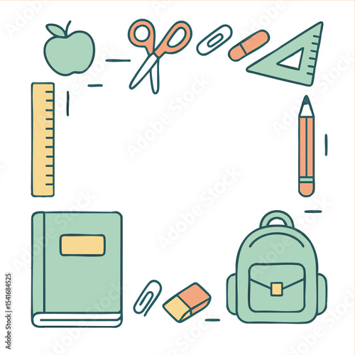 Colorful school supplies arranged creatively with stationery essentials and an apple accentuating the back-to-school theme