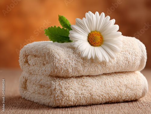 Rolled White Towels with Flower on Top Against Light Brown Background – Spa and Wellness Concept with Clean Minimal Styling