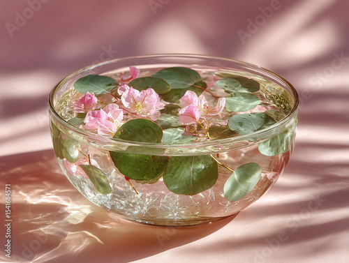 Botanical Oil Floating in Glass Bowl on Soft Pink Background – Minimal Wellness and Natural Skincare Concept