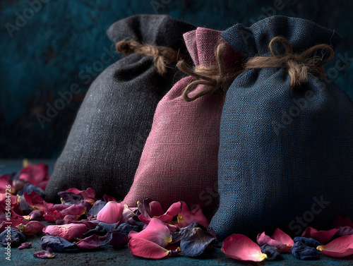 Linen Bag with Scented Sachets and Dried Petals – Natural Fragrance and Aromatherapy Flat Lay on Soft Surface