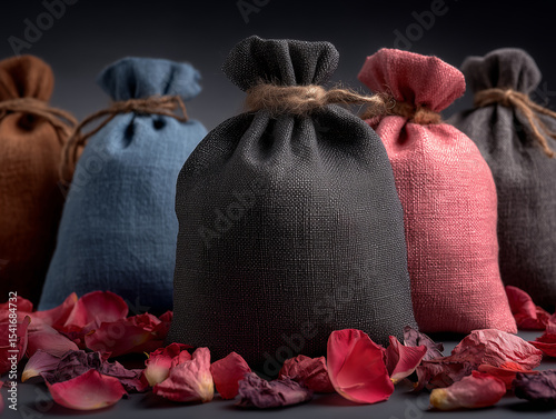 Linen Bag with Scented Sachets and Dried Petals – Natural Fragrance and Aromatherapy Flat Lay on Soft Surface