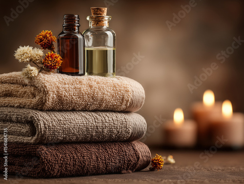 Aromatherapy Oil Bottles Arranged on Soft Beige Towel – Natural Wellness and Spa Treatment Concept in Neutral Tones