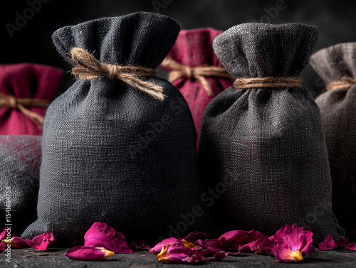 Linen Bag with Scented Sachets and Dried Petals – Natural Fragrance and Aromatherapy Flat Lay on Soft Surface