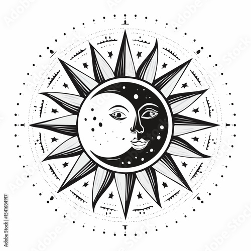 Sun and moon harmony design in Black and white vector image.
