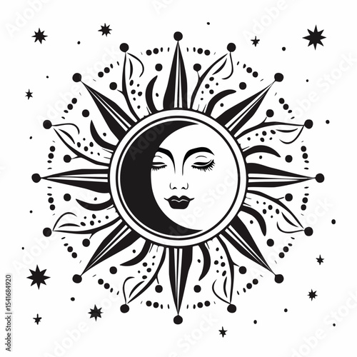 Sun and moon harmony design in Black and white vector image.