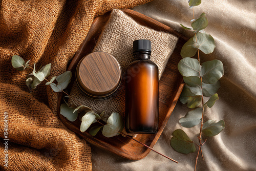 Eco-Friendly Product Mockup with Amber Bottle, Metal Tin, and Eucalyptus Leaves on Natural Fabric Background