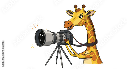 Cartoon Giraffe Photographer Isolated on White Background Capturing Moments with Camera and Tripod for Educational Kids
