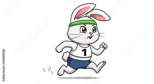 Cartoon Rabbit Athlete in Blue Shorts Running Isolated on White Background Sport and Fitness
