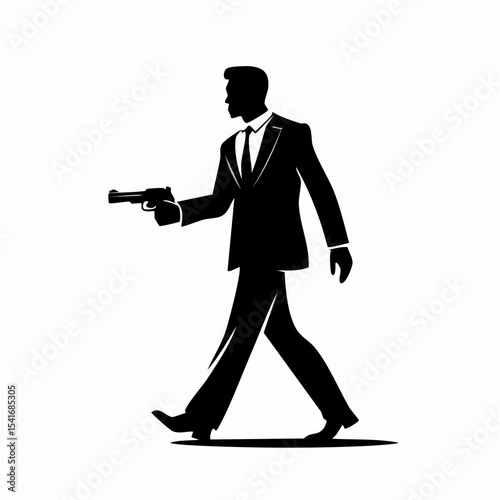 Man In Suit Walking With Gun Silhouette vector isolated on white background.